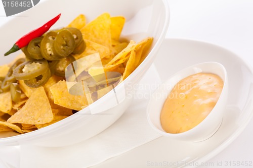 Image of Nachos with cheese sauce and chilli pepperoni