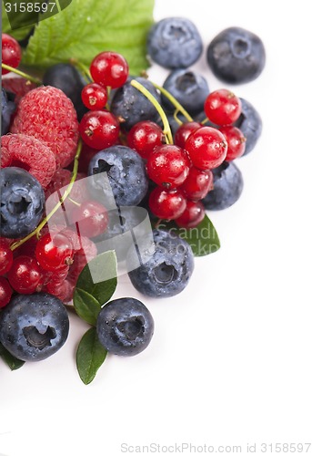 Image of Many blueberries, raspberries. Isolated white