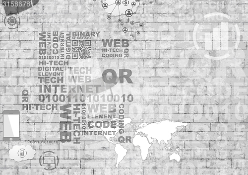 Image of Grey hi-tech internet design on brick wall