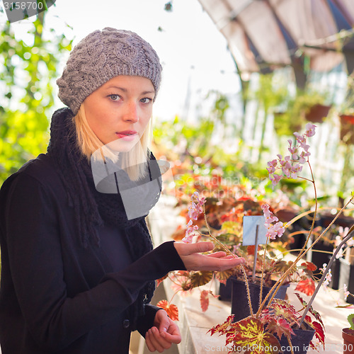 Image of Florists woman working in greenhouse. 