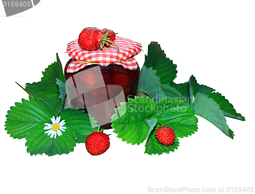 Image of jar of jam with strawberry and green leaves