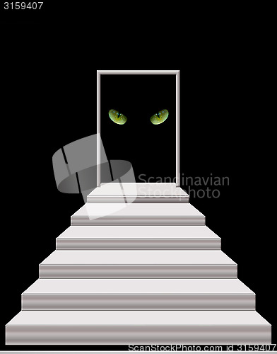 Image of stairs leading to door with cat's eyes in darkness