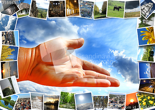 Image of many motley images and offering hand on the sky