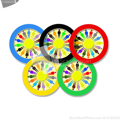 Image of Olympic rings with little men on the white