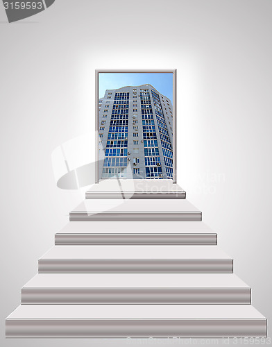 Image of stairs leading up to skyscraper