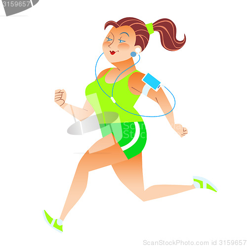 Image of Sporty woman running herding weight kilocalories listens to musi