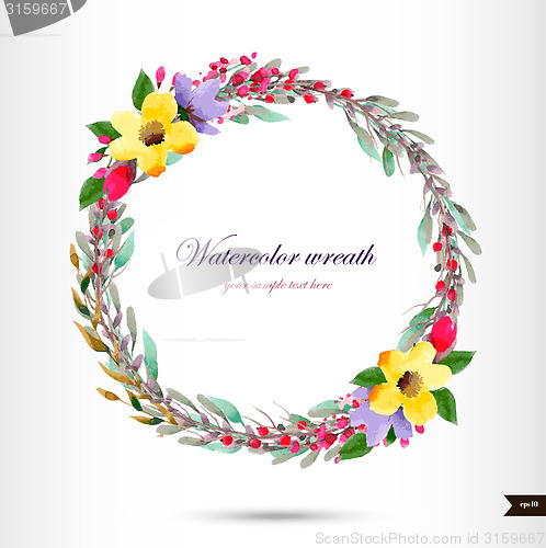 Image of Watercolor wreath with flowers,foliage and branch.