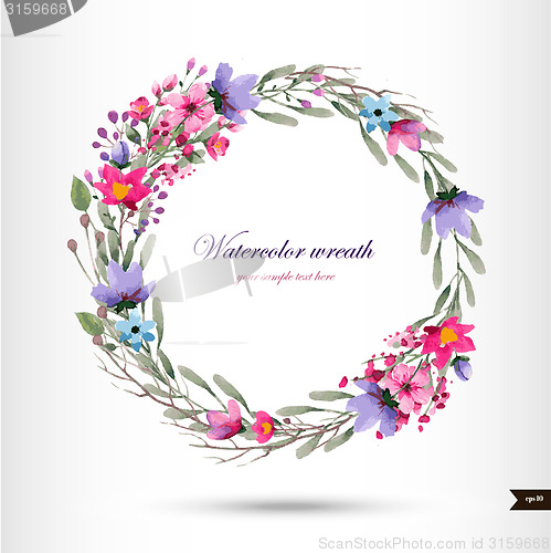 Image of Watercolor wreath with flowers,foliage and branch.