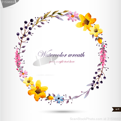 Image of Watercolor wreath with flowers,foliage and branch.