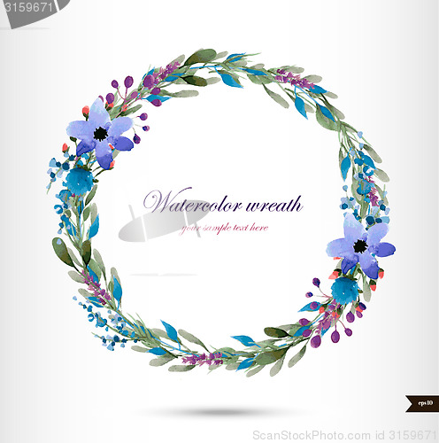Image of Watercolor wreath with flowers,foliage and branch.
