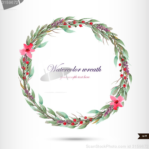 Image of Watercolor wreath with flowers,foliage and branch.