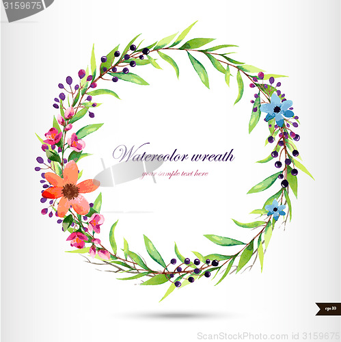 Image of Watercolor wreath with flowers,foliage and branch.