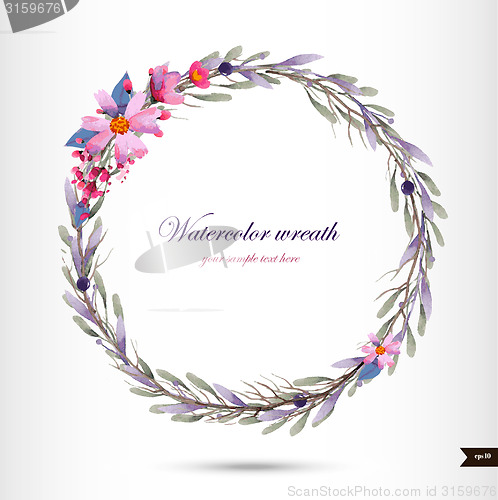 Image of Watercolor wreath with flowers,foliage and branch.