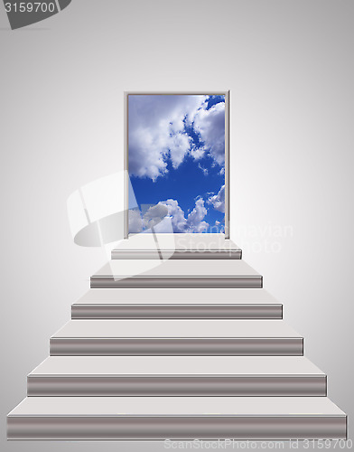 Image of stairs leading from room to blue sky