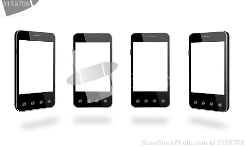 Image of four black smart-phones isolated on the white 