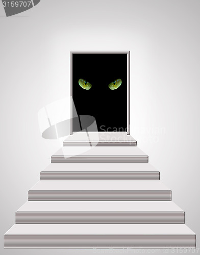 Image of stairs leading to door with cat's eyes in darkness