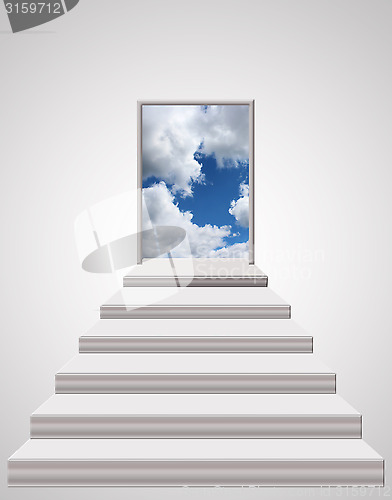 Image of stairs leading from room to blue sky