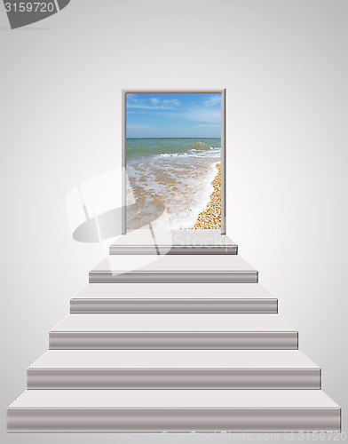 Image of stairs leading from room to ocean waves