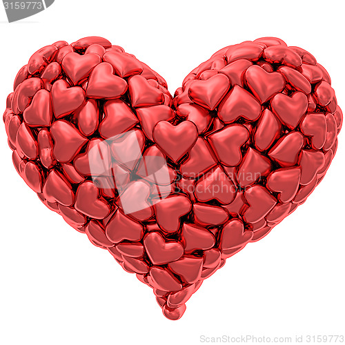 Image of Heart shape composed of many red hearts isolated on white