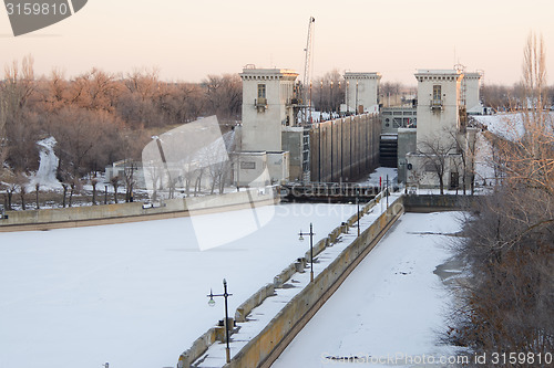 Image of Volga-Don canal named after VI Lenin, the gateway 2, winter Volgograd