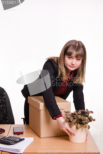 Image of Girl in office puts flower room on desk, next to big box