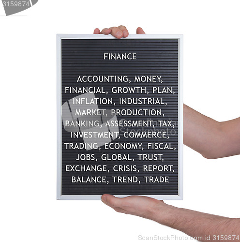 Image of Finance concept in plastic letters on very old menu board