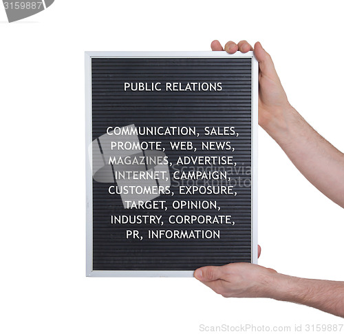 Image of Public relations concept in plastic letters on very old menu boa