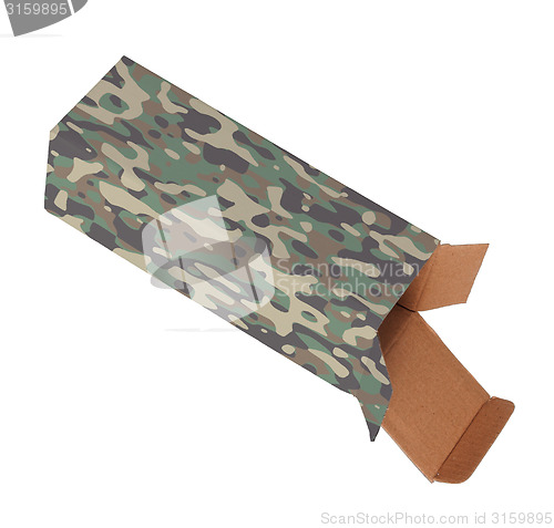 Image of Camouflaged cardboard box on a white background