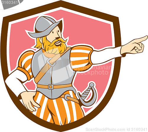 Image of Spanish Conquistador Pointing Cartoon Shield