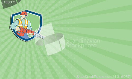 Image of Business card Construction Worker Jackhammer Shield Cartoon