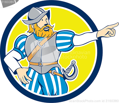Image of Spanish Conquistador Pointing Cartoon Circle