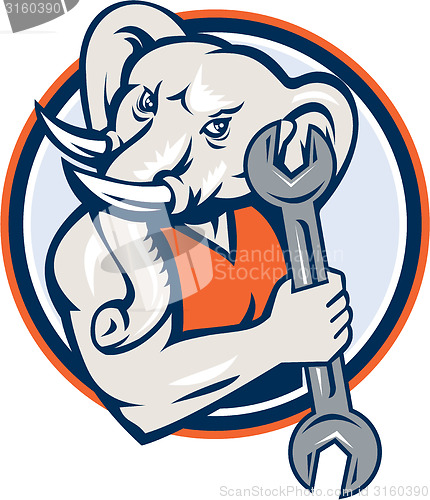 Image of Elephant Mechanic Spanner Mascot Circle Retro