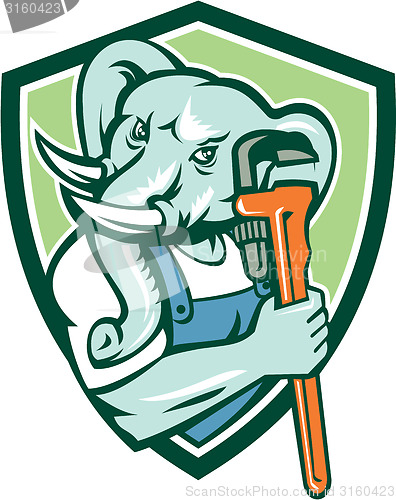 Image of Elephant Plumber Mascot Monkey Wrench Shield Retro