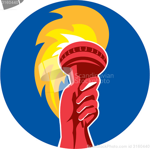 Image of Hand Holding Burning Flaming Torch Circle Retro