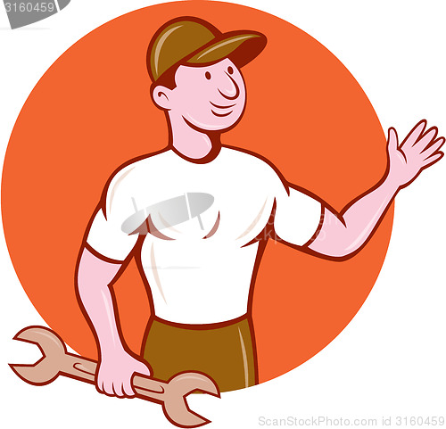 Image of Mechanic Waving Circle Cartoon