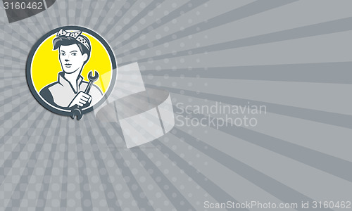 Image of Business card Female Mechanic Worker Holding Wrench Retro