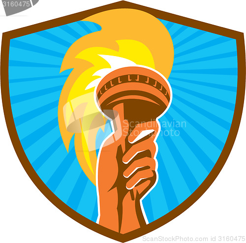 Image of Hand Holding Burning Flaming Torch Shield Retro