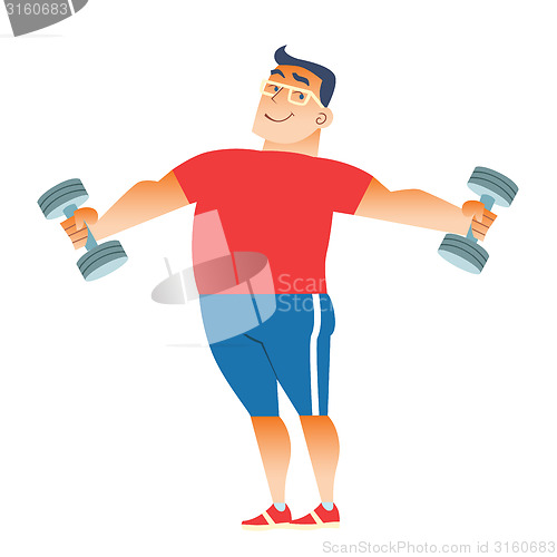 Image of Fat man plays sports with dumbbells