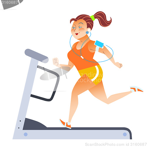 Image of Fat woman on sport stationary treadmill