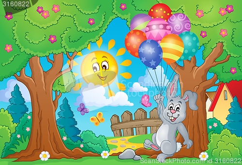 Image of Spring theme with rabbit and balloons