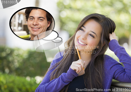 Image of Pensive Woman with Handsome Young Man Thought Bubble