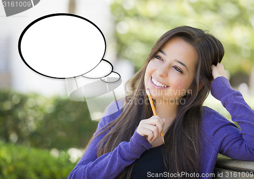 Image of Pensive Woman with Blank Thought Bubble Beside Her