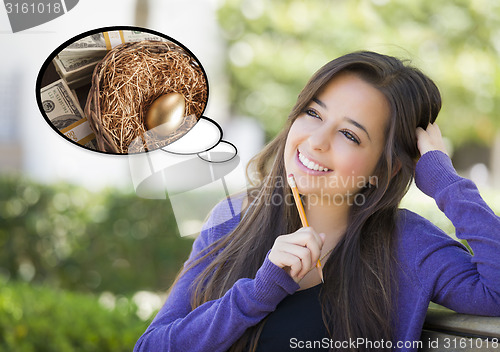 Image of Pensive Woman with Money and Nest Egg Thought Bubble