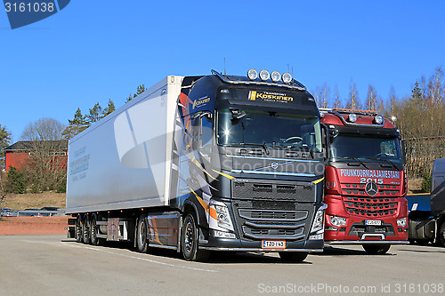 Image of New Volvo FH 500 Semi and Mercedes-Benz Arocs Logging Trucks