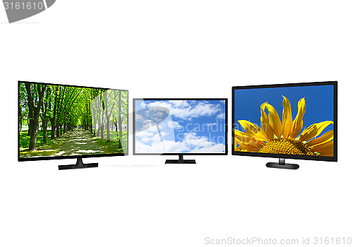 Image of three modern TV set with different images