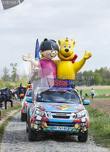 Image of Haribo Vehicles during Paris Roubaix Cycling Race