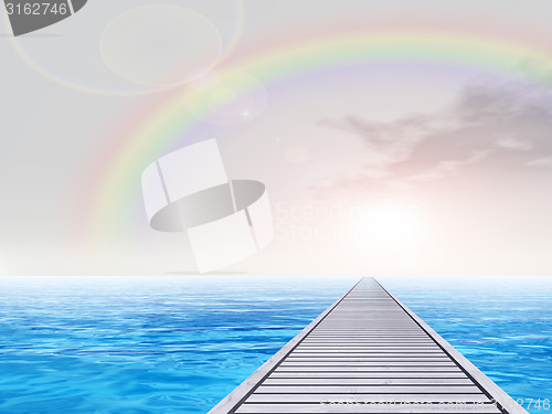 Image of Conceptual wood deck pier on sea water