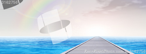 Image of Conceptual wood deck pier on sea water banner