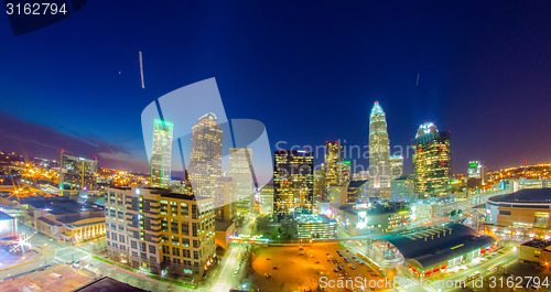 Image of view of charlotte skyline aerial at sunset