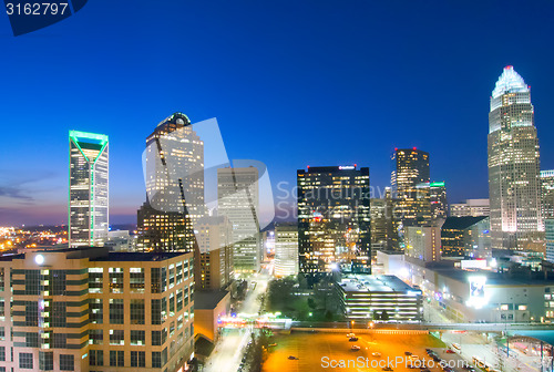 Image of view of charlotte skyline aerial at sunset